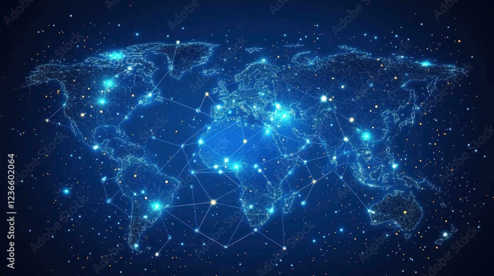 Aufkleber network visualization showcasing connections and data flow in a digital world map at night