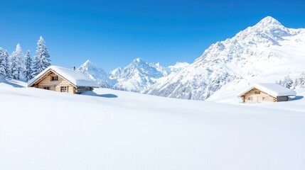 Snowy alpine huts, winter mountainscape, clear sky, idyllic scene, travel postcard