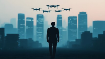 Fototapeta premium Futuristic Silhouette of a Business Executive Navigating an Innovative City Skyline