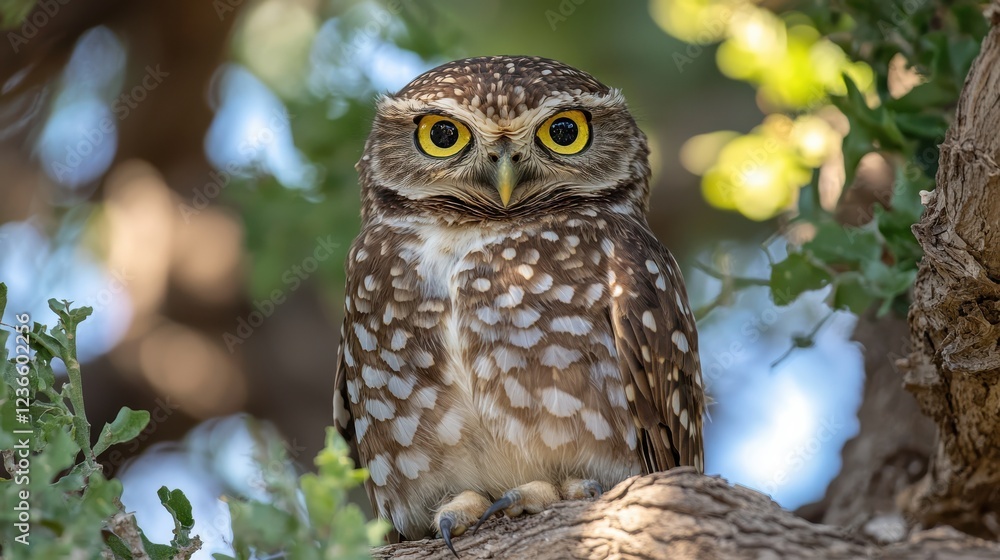 Poster close up of wild owl perched on tree branch, showcasing its striking yellow eyes and detailed feathe