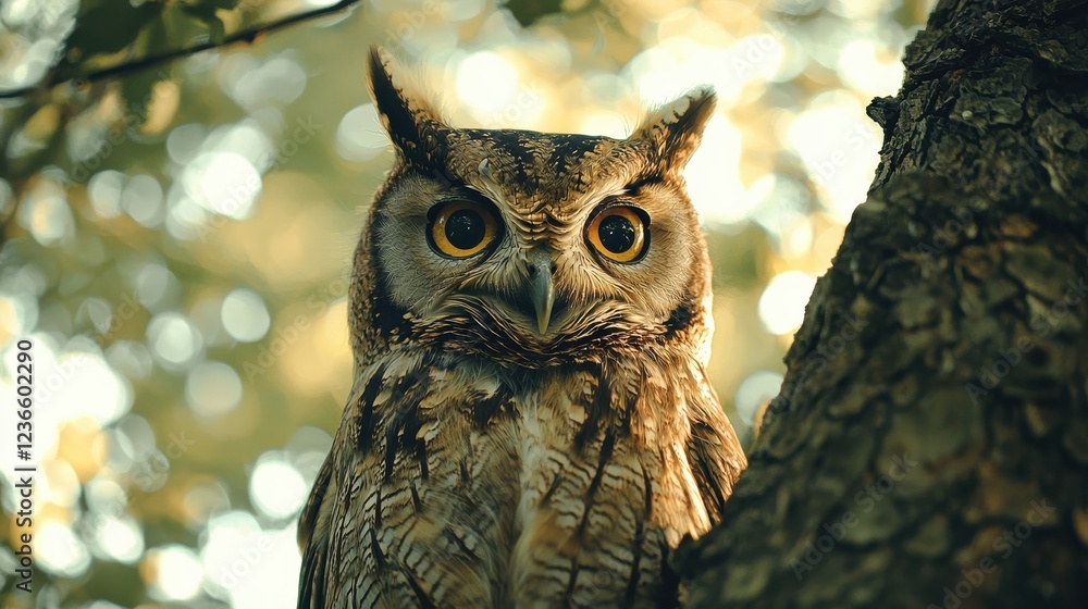 Aufkleber close up of wild owl perched on tree, showcasing its striking eyes and intricate feather patterns. b