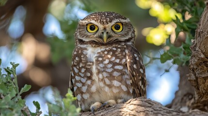 Obraz premium Close up of wild owl perched on tree branch, showcasing its striking yellow eyes and detailed feather patterns. bokeh effect adds dreamy background
