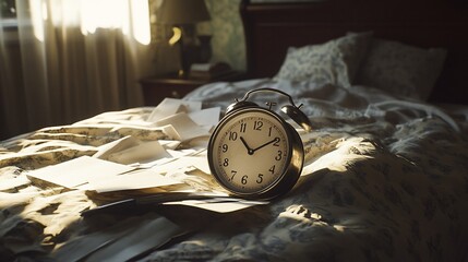 Retro round alarm clock resting on a bed with scattered paper in the morning light