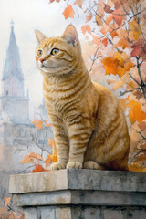  A cat basks in the autumn sunshine on the veranda of a country house. AI generative.