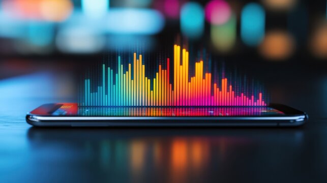 Close up of smartphone displaying colorful growth chart, symbolizing financial progress and digital innovation