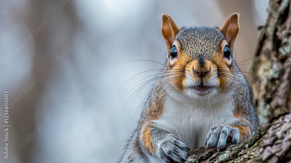 Poster close up of wild squirrel on tree branch, showcasing its curious expression and detailed fur. blurre