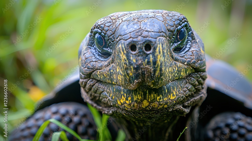 Poster close up of wild tortoise in grass, showcasing its textured shell and vibrant eyes. image captures e