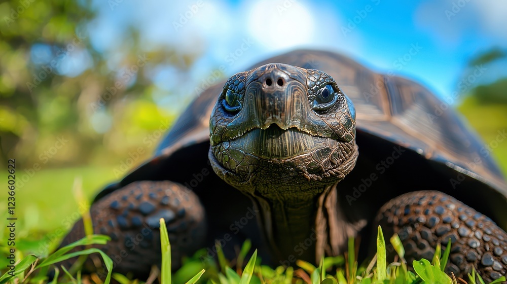 Poster close up of wild tortoise in grass, showcasing its textured shell and expressive face. vibrant green