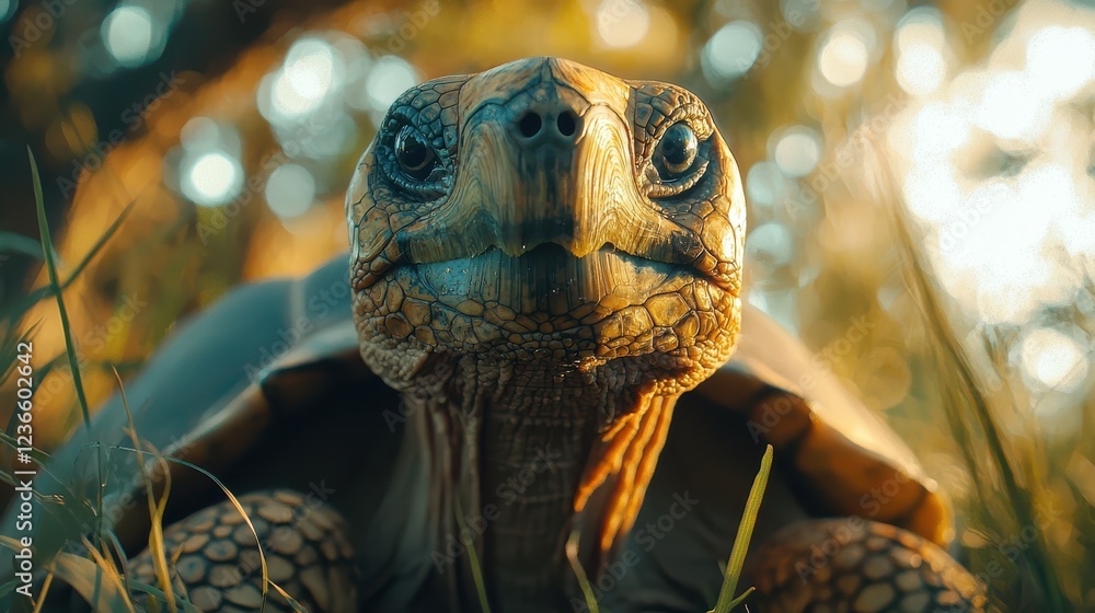 Poster close up of wild tortoise in grass, showcasing intricate details and textures. warm bokeh background
