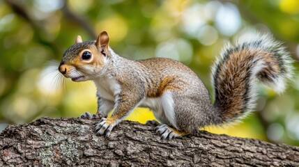 close up of wild squirrel perched on tree branch, showcasing its detailed fur and expressive features against blurred green background