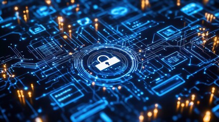 A hightech abstract visualization of secure communication networks, glowing circuit boards, data encryption layers, and futuristic elements