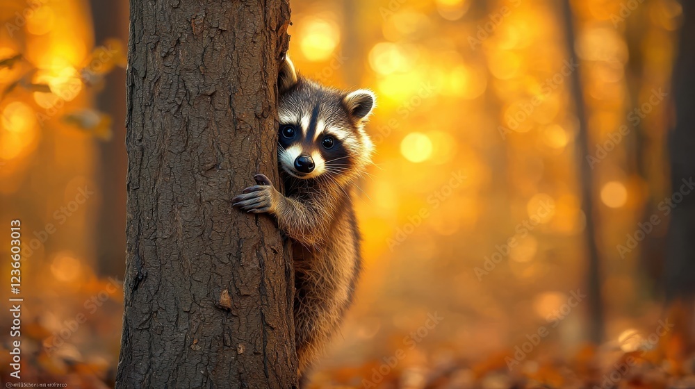 Poster curious raccoon peering from behind tree in vibrant autumn forest, surrounded by warm bokeh lights, 