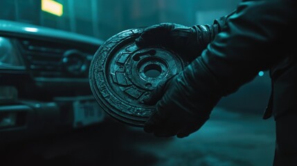 Mysterious Mechanic:  A shadowy figure holds an enigmatic automotive part in a dimly lit garage, creating a suspenseful atmosphere.