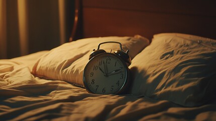 An old-fashioned analog alarm clock rests on a bed ready to wake you up