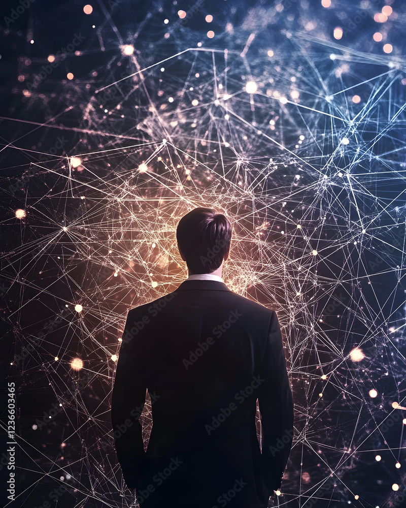 Poster businessman networking by connecting dots in a futuristic concept -