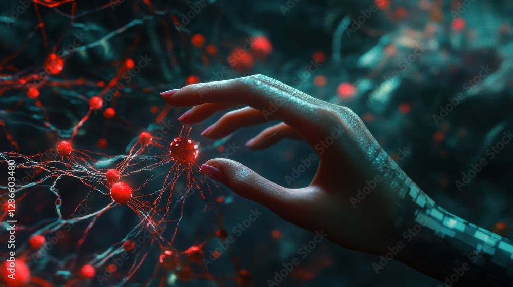 Poster conceptual illustration of big data with a digital neural network shows a businesswomans hand touchi