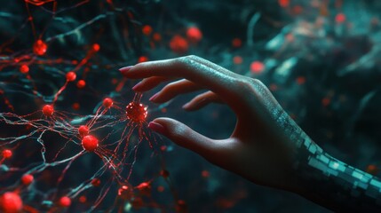 Conceptual illustration of big data with a digital neural network Shows a businesswomans hand touching the introduction of artificial intelligence Depicts the cyberspace of the future