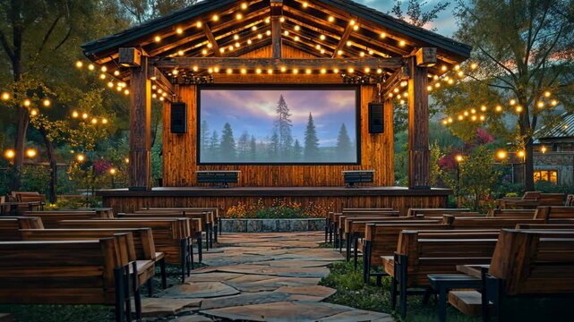 Outdoor amphitheater with wooden stage and string lights at dusk