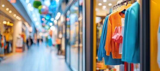 Obraz premium Vibrant Clothing Display In A Blurred Shopping Mall, Depicting Retail, Fashion, And Commerce
