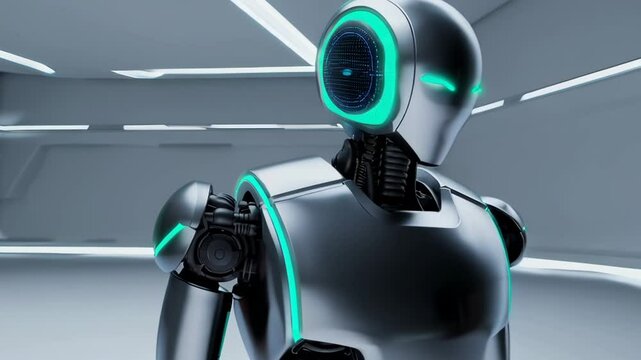 Friendly next-gen robot greeting the camera