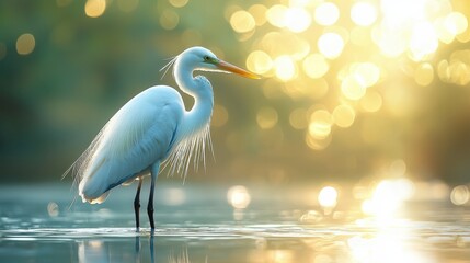 Naklejka premium serene heron standing by river, surrounded by bokeh background, captures beauty of nature. soft light enhances tranquil atmosphere, creating peaceful scene