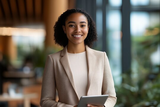 Smiling businesswoman portrait,African American woman holding tablet,corporate business headshot for website profile, professional branding