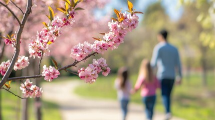 A family enjoying a walk in a park, with peach blossoms in full bloom symbolizing new beginnings.