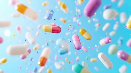 Close-up of colorful pills floating in mid-air