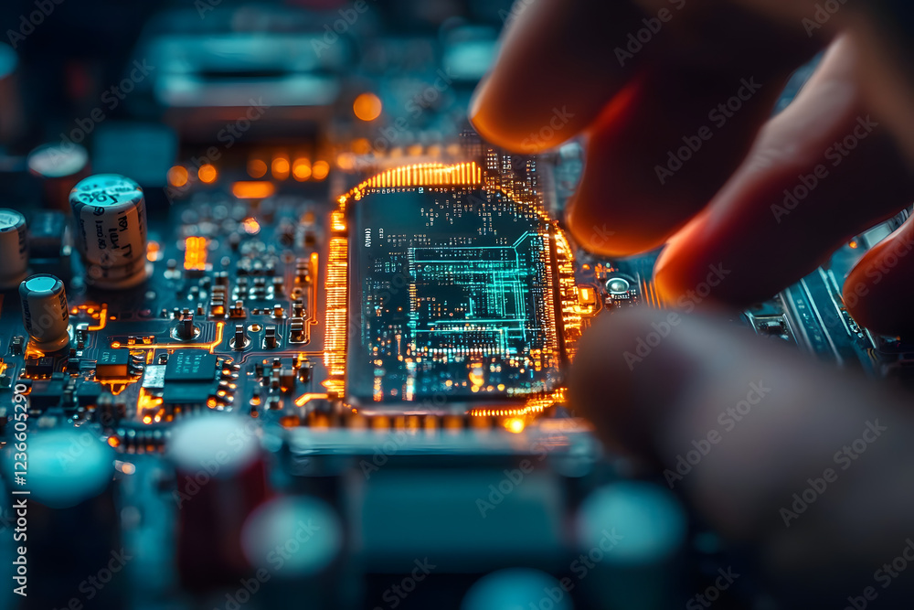 Poster exploring the intricate details of a circuit board under magnification with hands engaged in technic