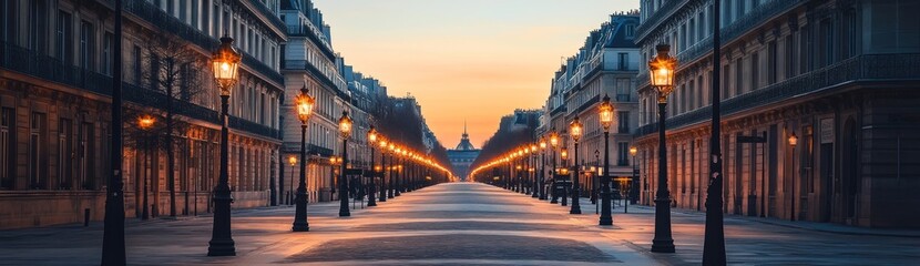 Obraz premium Parisian Dawn: A Serene Streetscape at Sunrise