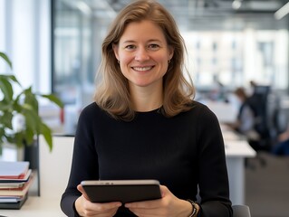 Smiling woman using tablet, business woman in modern office, corporate portrait for website, blog or social media