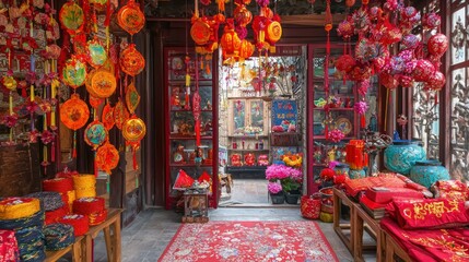 Fototapeta premium A traditional Chinese home adorned with Chun Lian, showcasing colorful red decorations for the Spring Festival.