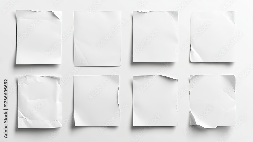 Poster minimalistic arrangement of crisp white paper sheets on a clean white background creating a pure and