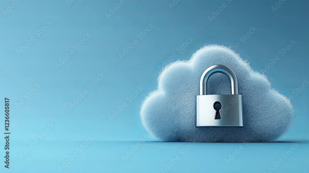 Poster a symbolic padlock suspended in a soft fluffy cloud representing security and safety in the digital 