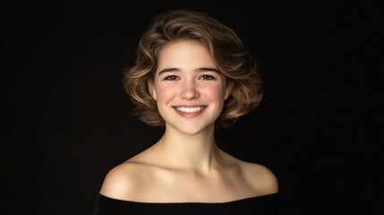 Obraz premium Portrait of a Smiling Young Woman with Shoulder-Length Brown Hair against a Black Background