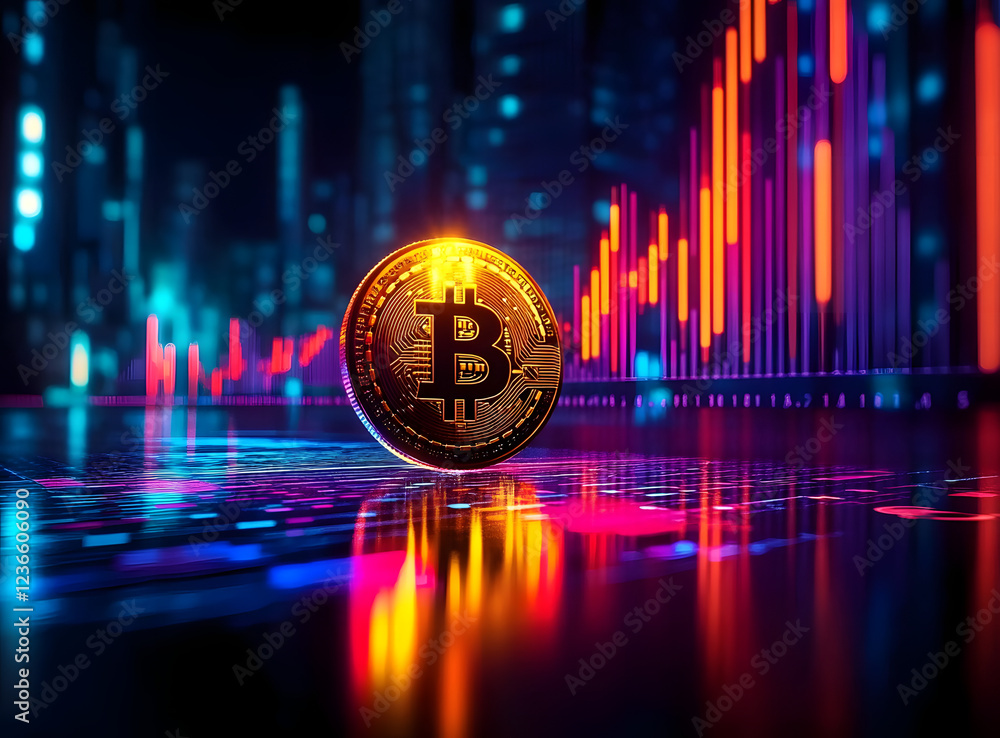 Poster a glowing bitcoin rests on a reflective surface, illuminated by vibrant, dynamic graphs illustrating