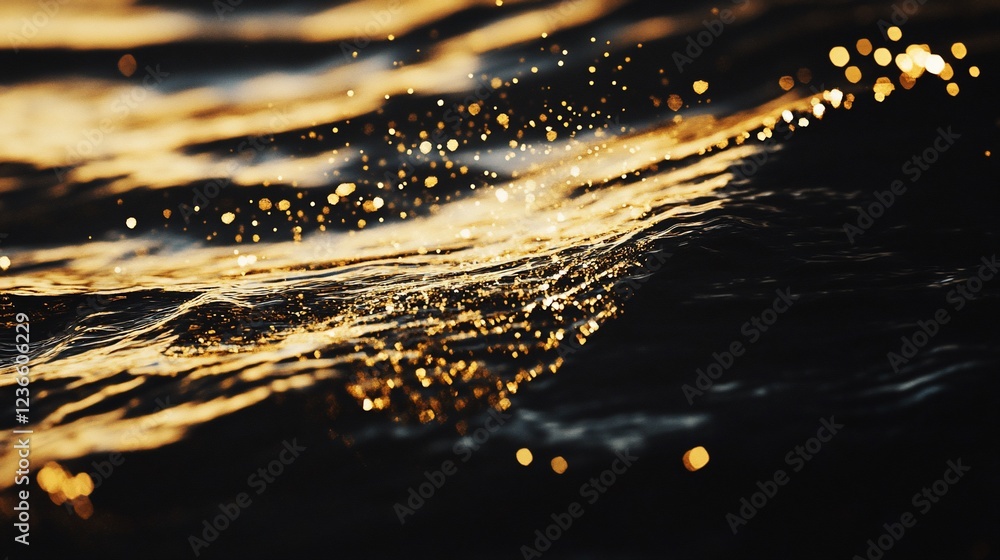 Poster golden light reflecting and creating bokeh effect on the dark water surface