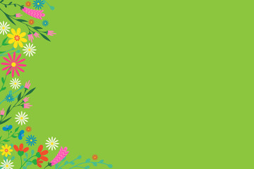 Beautiful floral vector card with delicate flowers along edge Copy space Green background Perfect for invitations greeting cards wedding designs creative projects Elegant stylish versatile Birthday 