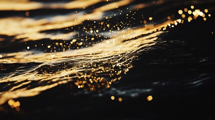 Golden light reflecting and creating bokeh effect on the dark water surface