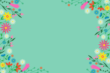 Beautiful floral vector card with delicate flowers along edges Copy space Green background Perfect for invitations greeting cards wedding designs creative projects. Elegant stylish versatile