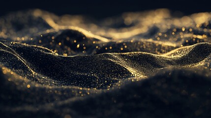 Shimmering golden particles create a flowing wave pattern on a dark background