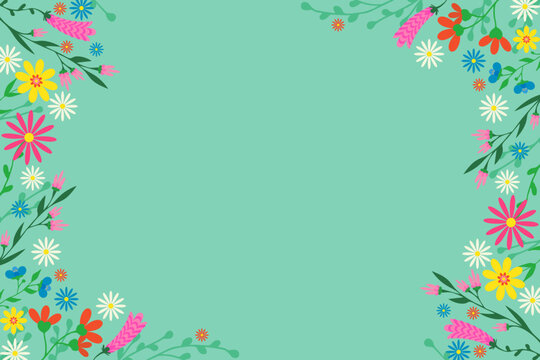 Beautiful floral vector card with delicate flowers along edges Copy space Green background Perfect for invitations greeting cards wedding designs creative projects. Elegant stylish versatile