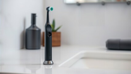 Smart electric toothbrush. Modern black electronic toothbrush with turquoise bristle head and charging base on bathroom counter, selective focus.