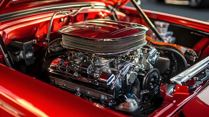 Fototapeta premium Clean and organized car engine bay with the hood open, highlighting modern automotive design - 