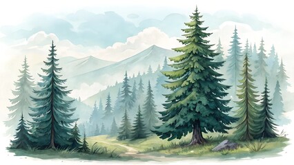 Fototapeta premium beautiful tree forest landscape illustration water color style with white background jpg 