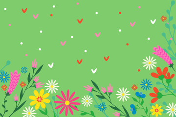 Mother's day birthday Women day Horizontal greeting wishing card Banner Floral design Elegant quote for poster with  Pink red flowers hearts on green background Copy space