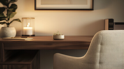 A minimalist home office setup with a wooden desk, comfortable chair, and warm lighting, creating a serene workspace.