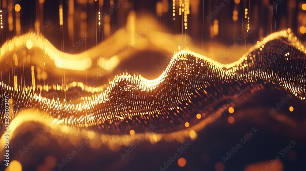 Poster abstract digital gold wave, glowing dots and lines on dark background with depth