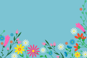 Obraz premium Beautiful floral vector card delicate flowers along edges Copy space Blue background Perfect for invitations greeting cards wedding designs creative projects Elegant stylish versatile Spring border