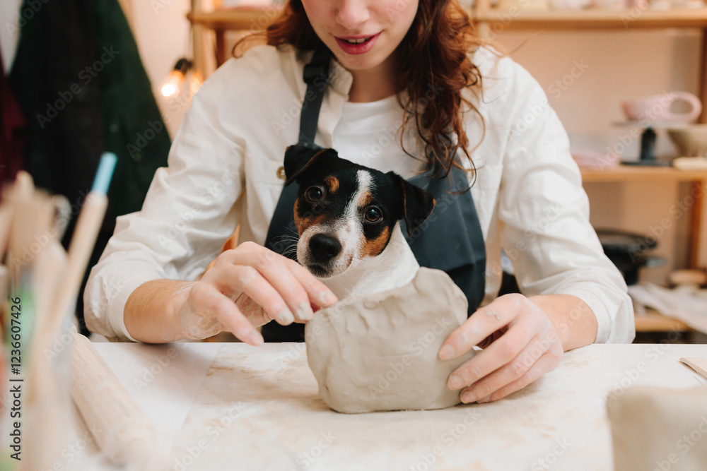 Aufkleber potter with dog is making ceramic clay product on the table in the pottery workshop. potter is sculp